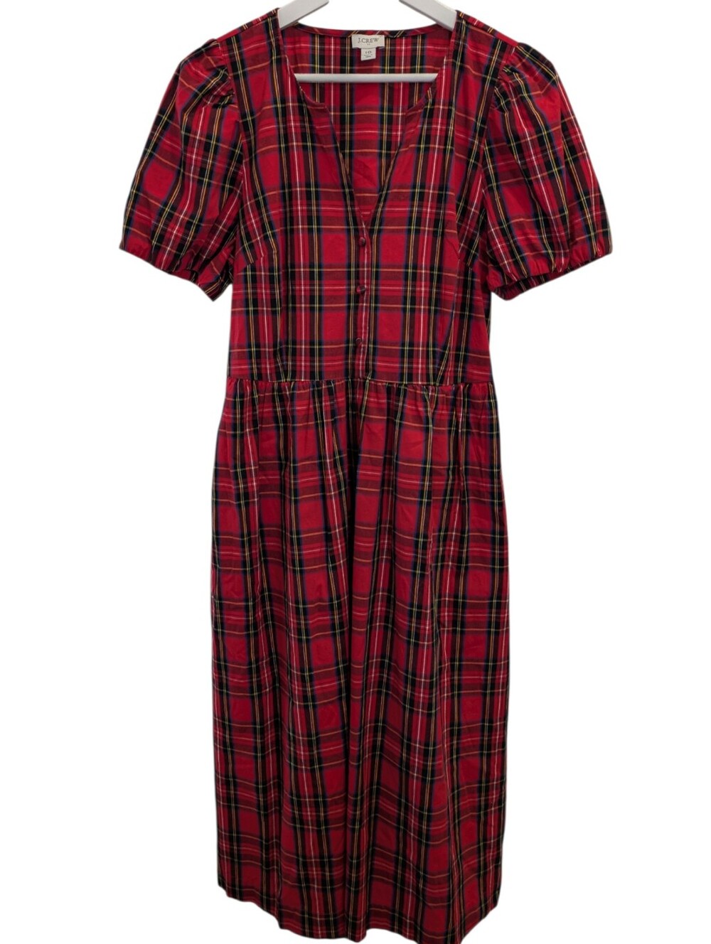 J. Crew Stewart Tartan Midi Dress 10 Red Plaid Puff Sleeve V Neck Holiday